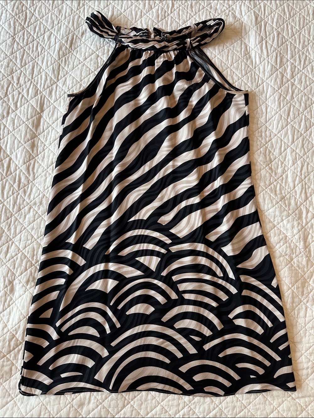 Banana Republic Black and Cream Wave-Print Halter Silk Mini Dress